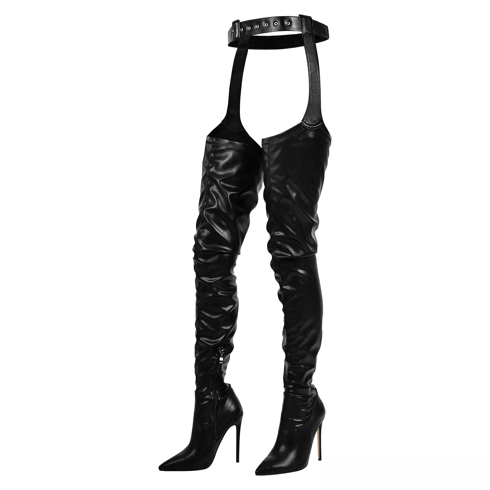 Black Pleated Stiletto Heeled Pant Boots