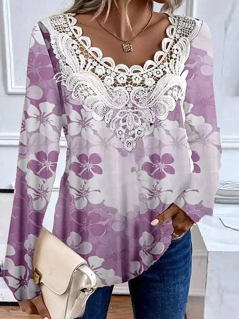 Casual Floral Long Sleeve Shirt Blouse for Women with Lace Patchwork