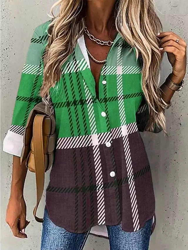 Chic Plaid Print Button Women's Shirt Blouse for Spring and Fall