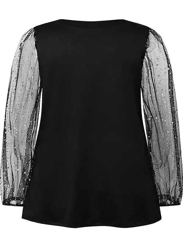 Elegant Mesh and Rhinestone Detail Plus Size Women's Blouse