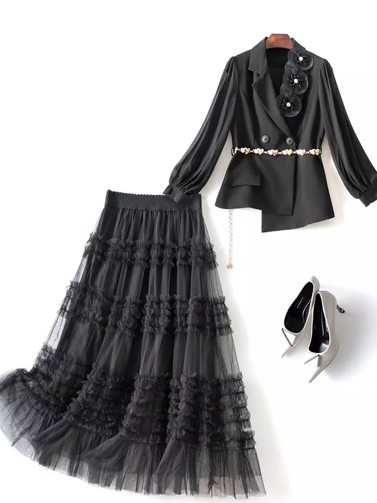 Elegant Outfit Set - Top and Mesh Skirt