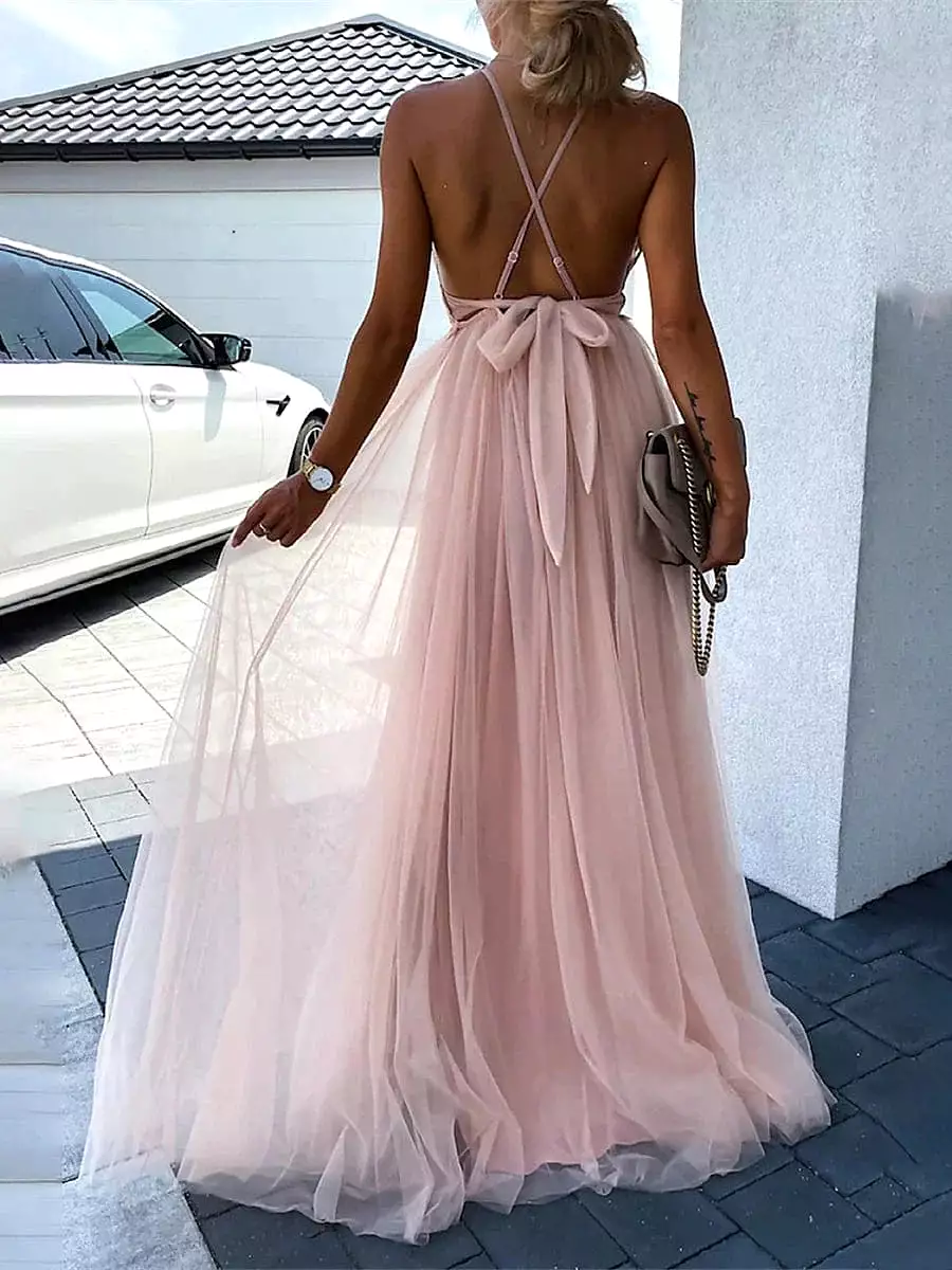 Elegant Pink and Green Lace Spaghetti Strap Maxi Dress for Women