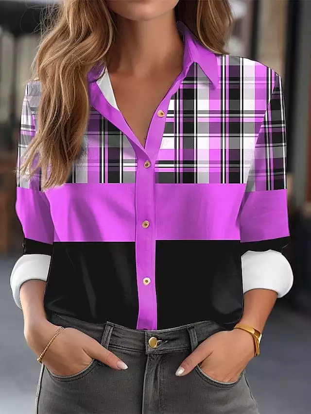 Elegant Plaid Yellow and Blue Shirt Blouse for Women