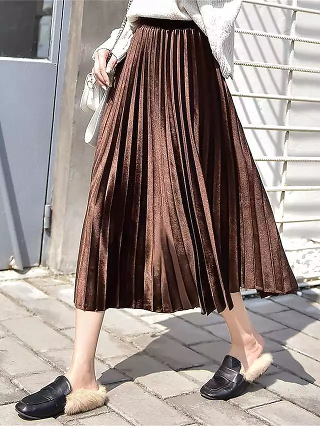 Elegant Pleated High Waist Women's Midi Skirt in Velvety Gold and Royal Blue for Winter