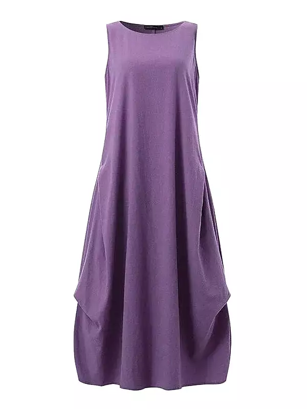 Elegant Sleeveless Cotton Linen Maxi Dress with Lace Detail for Women