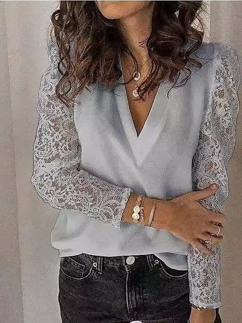 Elegant V-Neck Black, White & Pink Lace Blouse for Women