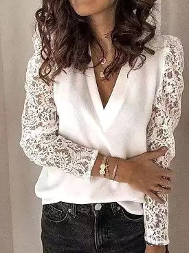 Elegant V-Neck Black, White & Pink Lace Blouse for Women