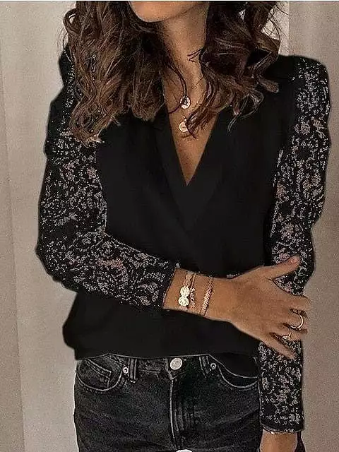 Elegant V-Neck Black, White & Pink Lace Blouse for Women