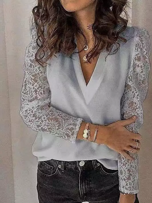 Elegant V-Neck Black, White & Pink Lace Blouse for Women