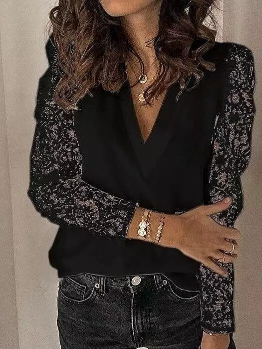 Elegant V-Neck Black, White & Pink Lace Blouse for Women