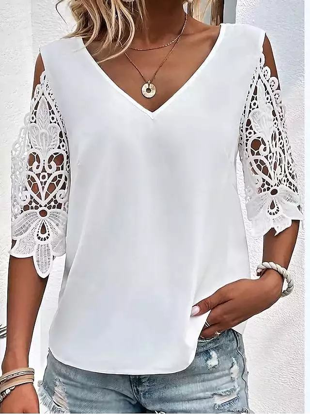 Elegant V-Neck Lace Blouse for Women