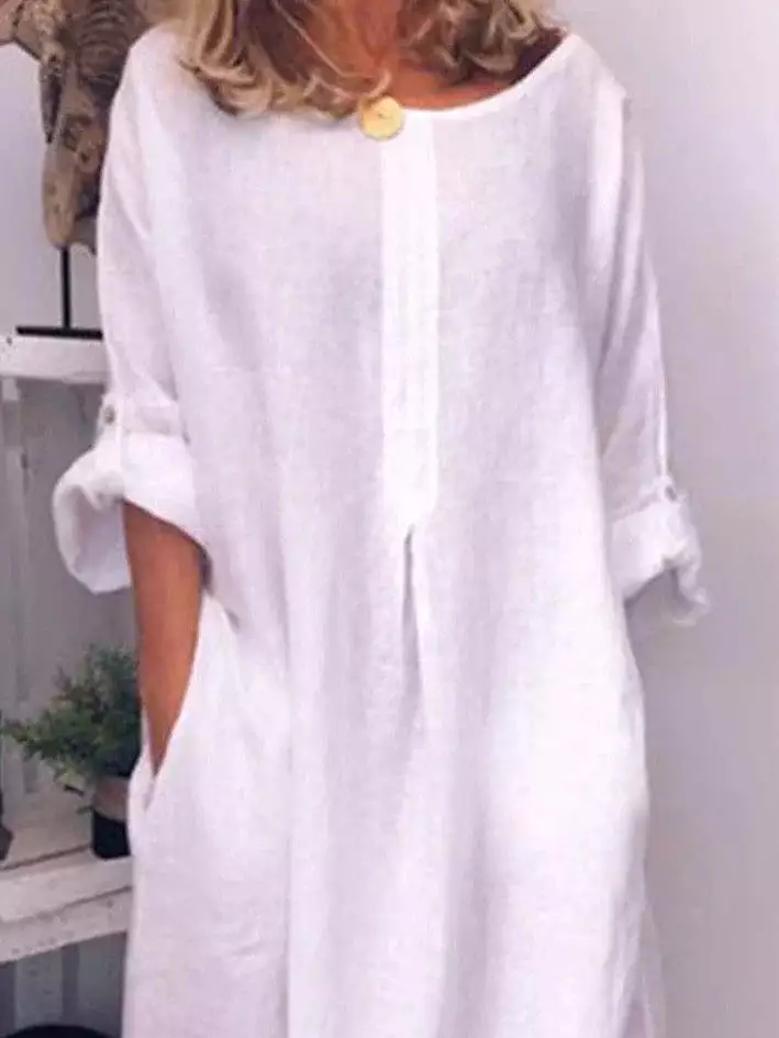 Elegant White Linen Maxi Dress with Ruched Pockets for Women