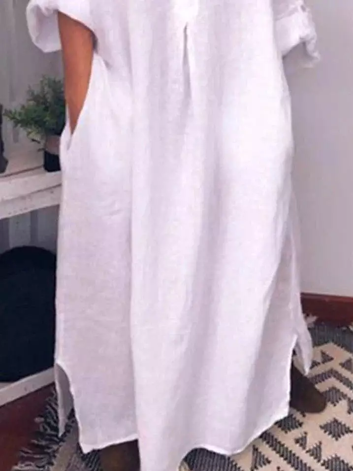 Elegant White Linen Maxi Dress with Ruched Pockets for Women