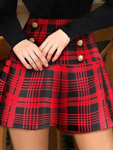 Fashionable Women's Plaid Mini Skirt Yellow Red Blue Fuchsia Print Pleated S M L