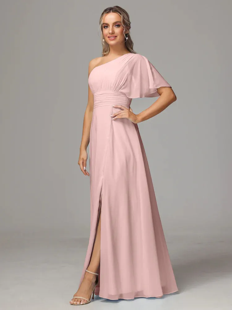 Fendue Seule épaule Mousseline Robe Demoiselle d'Honneur en ROSE POUDRE