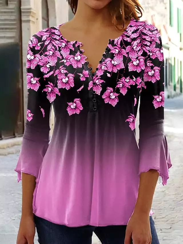 Floral Color Gradient Women's Blouse with Button Detail and 3/4 Length Sleeves