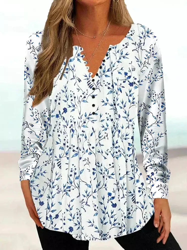 Floral Print Long Sleeve Henley Blouse for Women