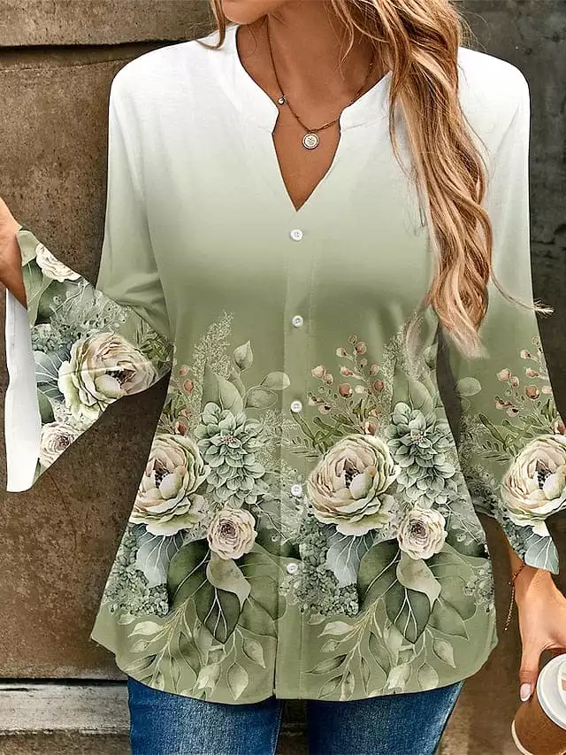 Floral Print V-Neck Women's Designer Shirt Blouse