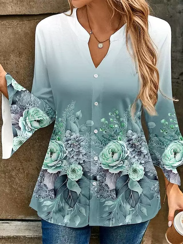 Floral Print V-Neck Women's Designer Shirt Blouse