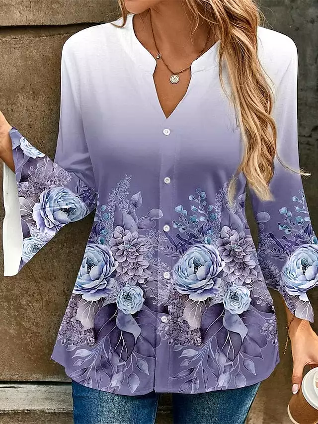 Floral Print V-Neck Women's Designer Shirt Blouse