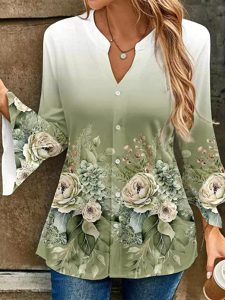 Floral Print V-Neck Women's Designer Shirt Blouse