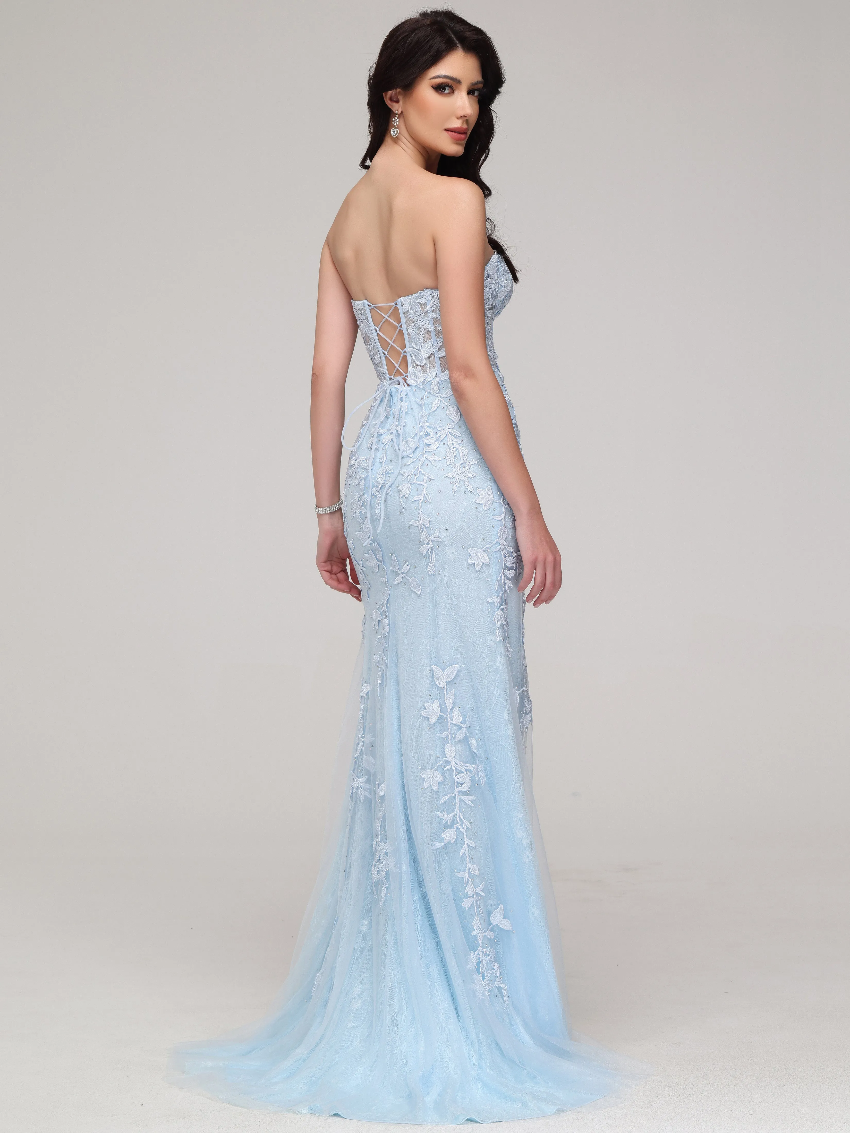 Forme sirène Cache cœur Fendue Strass Tulle Dentelle Robe de Soirée avec traîne BLEU CIEL