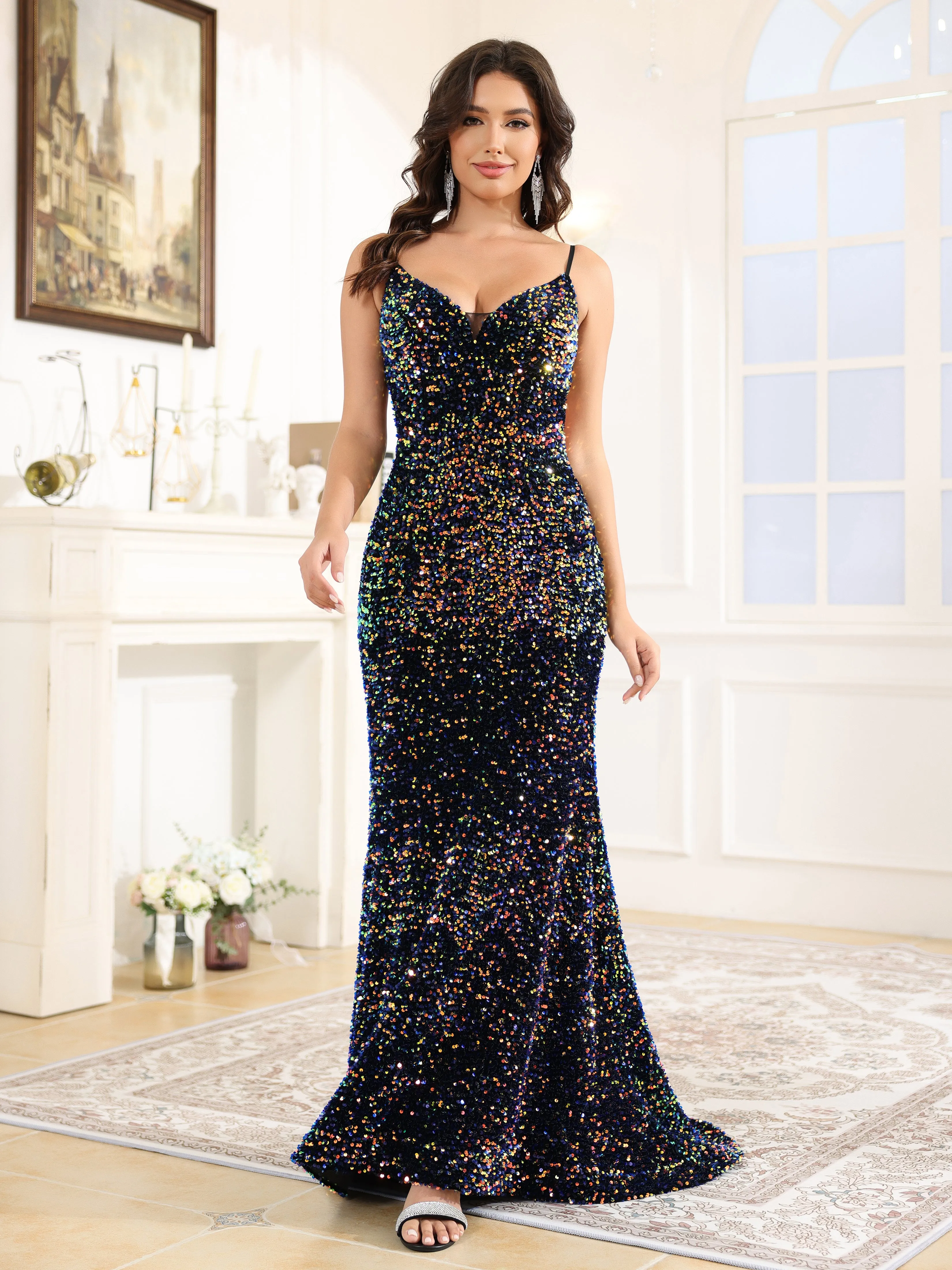 Forme sirène Col V Paillettes Velours Robe de Soirée avec Traîne