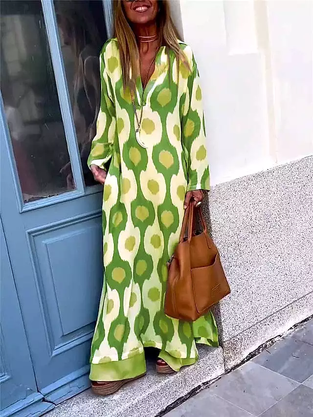 Geometric Print Maxi Dress for Women with Split V Neck and Long Sleeves