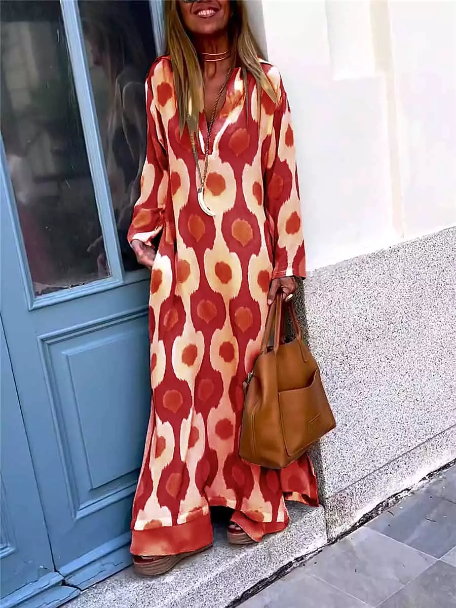 Geometric Print Maxi Dress for Women with Split V Neck and Long Sleeves