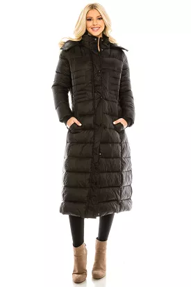 Haute Edition Women's Maxi Length Quilted Puffer with Fur Lined Hood