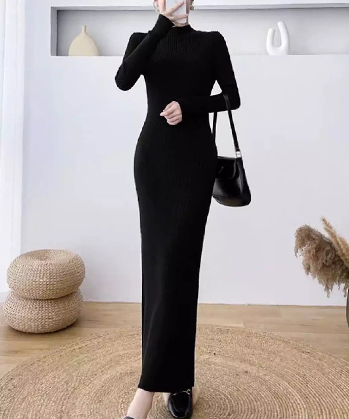 High Neck Knitted Maxi Slim Dress