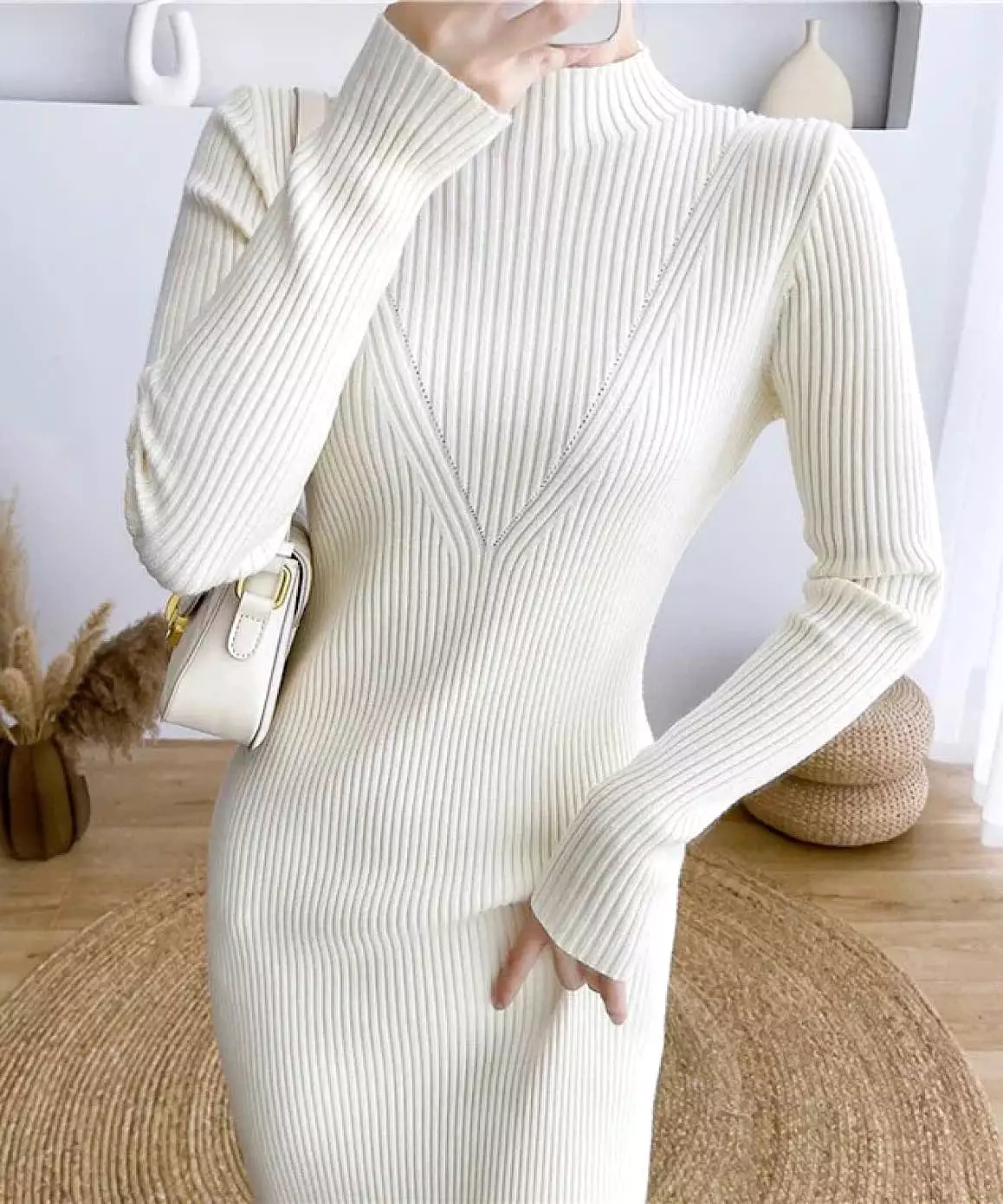 High Neck Knitted Maxi Slim Dress