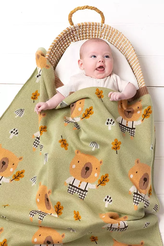 Indus - Baby Blanket - Bruce Bear - Sage & Caramel