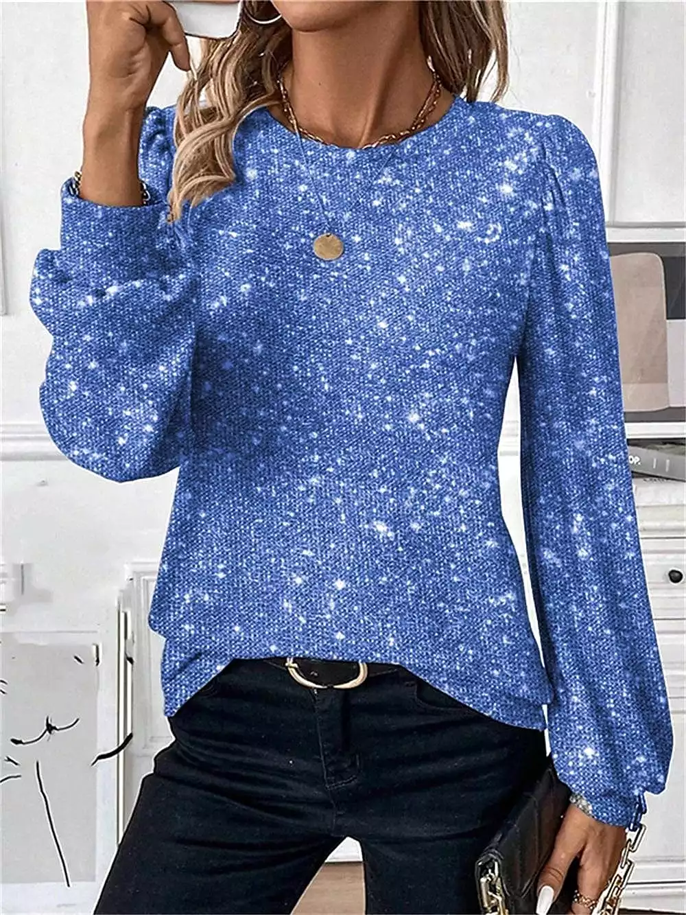 Lantern Sleeve Sparkly Women's Shirt Blouse in Silver, Blue, and Purple