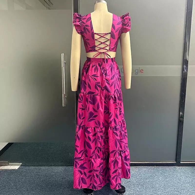 Maxi Dress 2024 Women Elegant Printed Ruffled Short Sleeve Round Neck Backless Lace Up Nipped Waist Slim Long Dresses