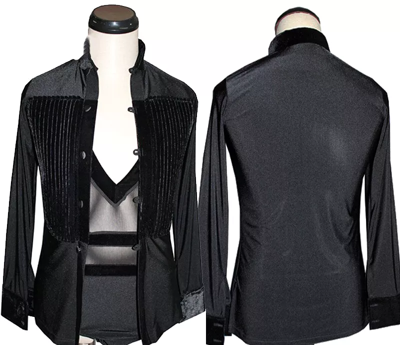 Men's Lycra and Velvet Latin Dance Competition Costume Bodysuit & Over Shirt in Black or White M014