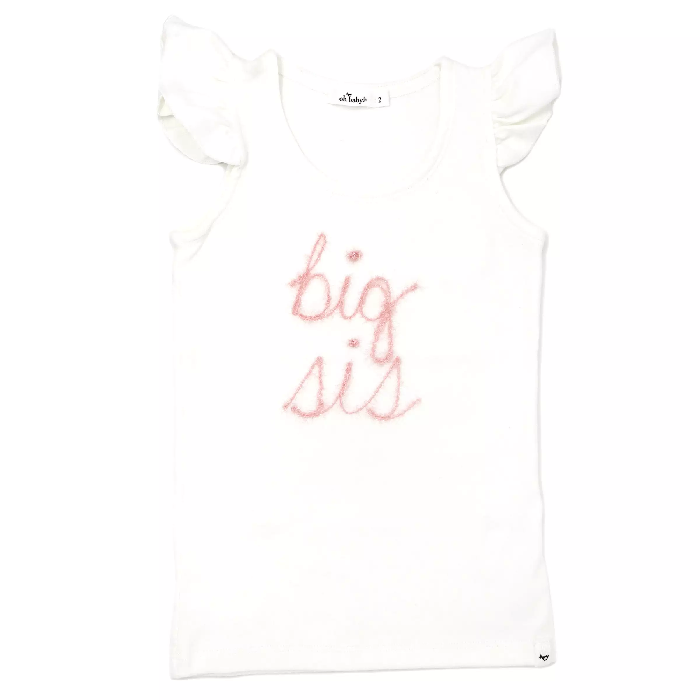 oh baby! Cotton Baby Rib Flutter Sleeve Tank - big sis Pink Embroidered - Cream