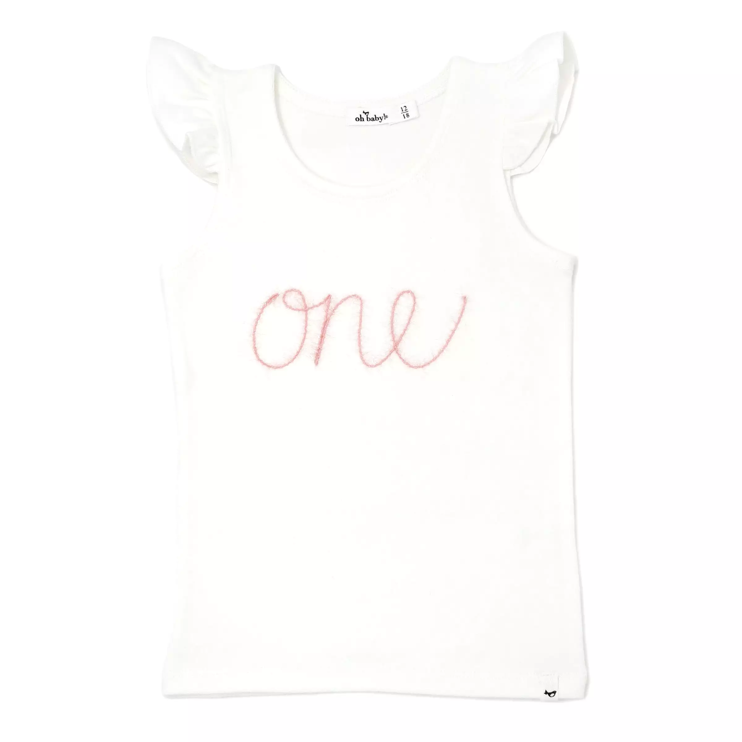 oh baby! Cotton Baby Rib Flutter Sleeve Tank - Birthday One Pink Embroidered - Cream