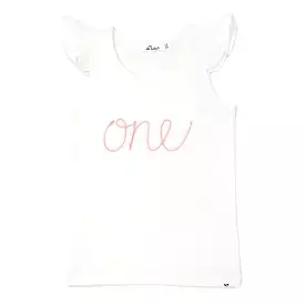 oh baby! Cotton Baby Rib Flutter Sleeve Tank - Birthday One Pink Embroidered - Cream