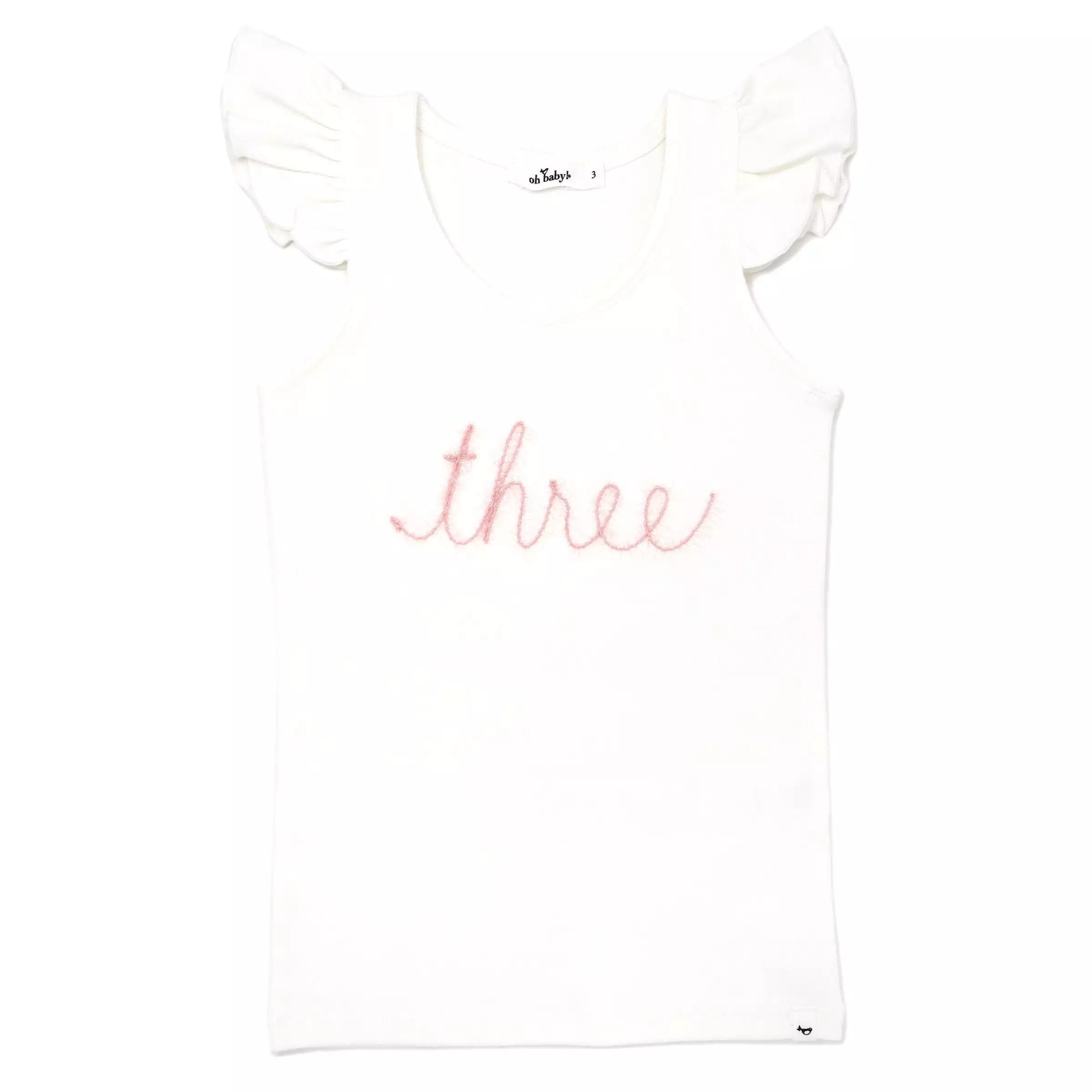 oh baby! Cotton Baby Rib Flutter Sleeve Tank - Birthday Three Pink Embroidered - Cream