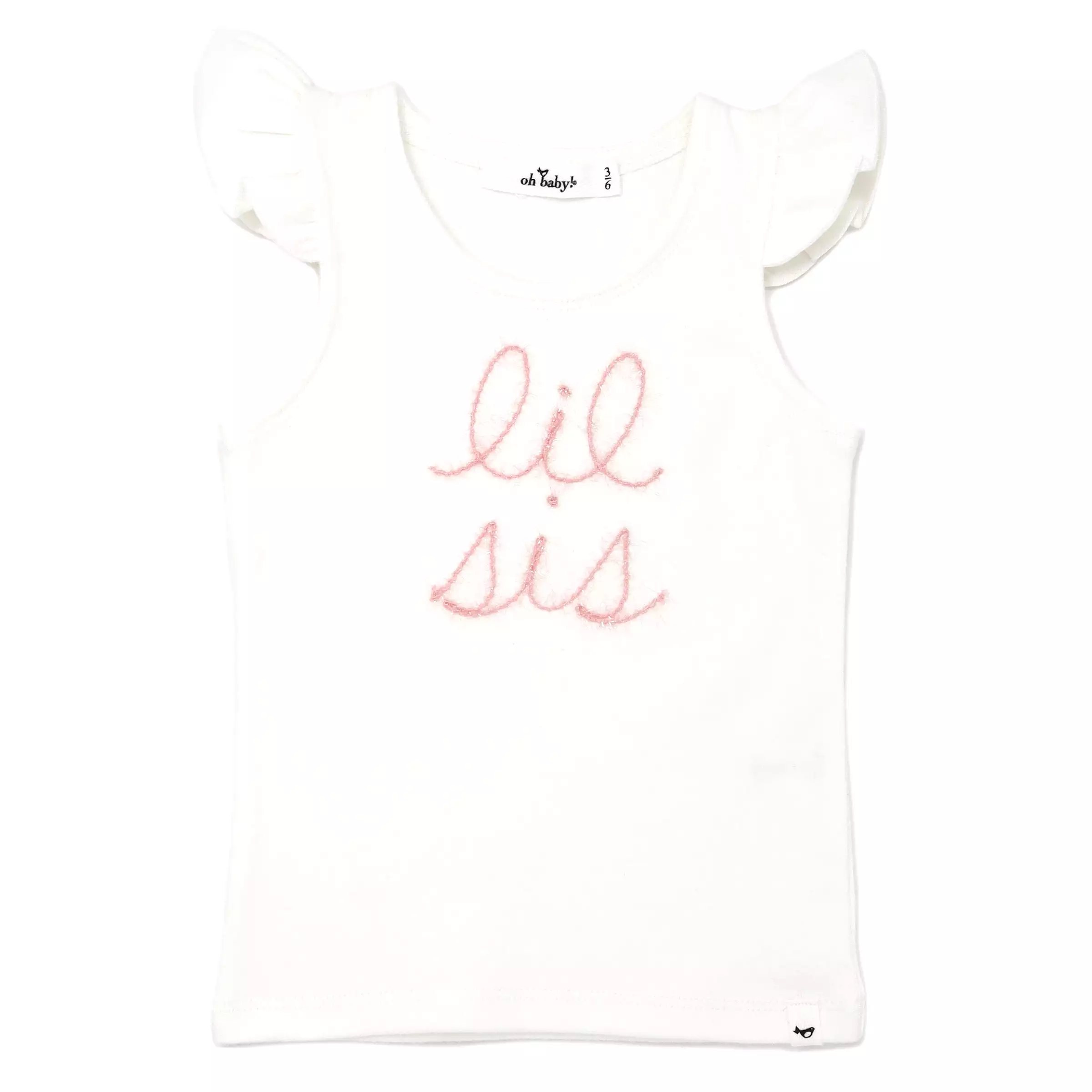 oh baby! Cotton Baby Rib Flutter Sleeve Tank - lil sis Pink Embroidered - Cream