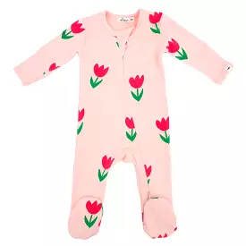 oh baby! Cotton Baby Rib Zipper Footie - Cotton Candy Pink Tulips Print - Pale Pink