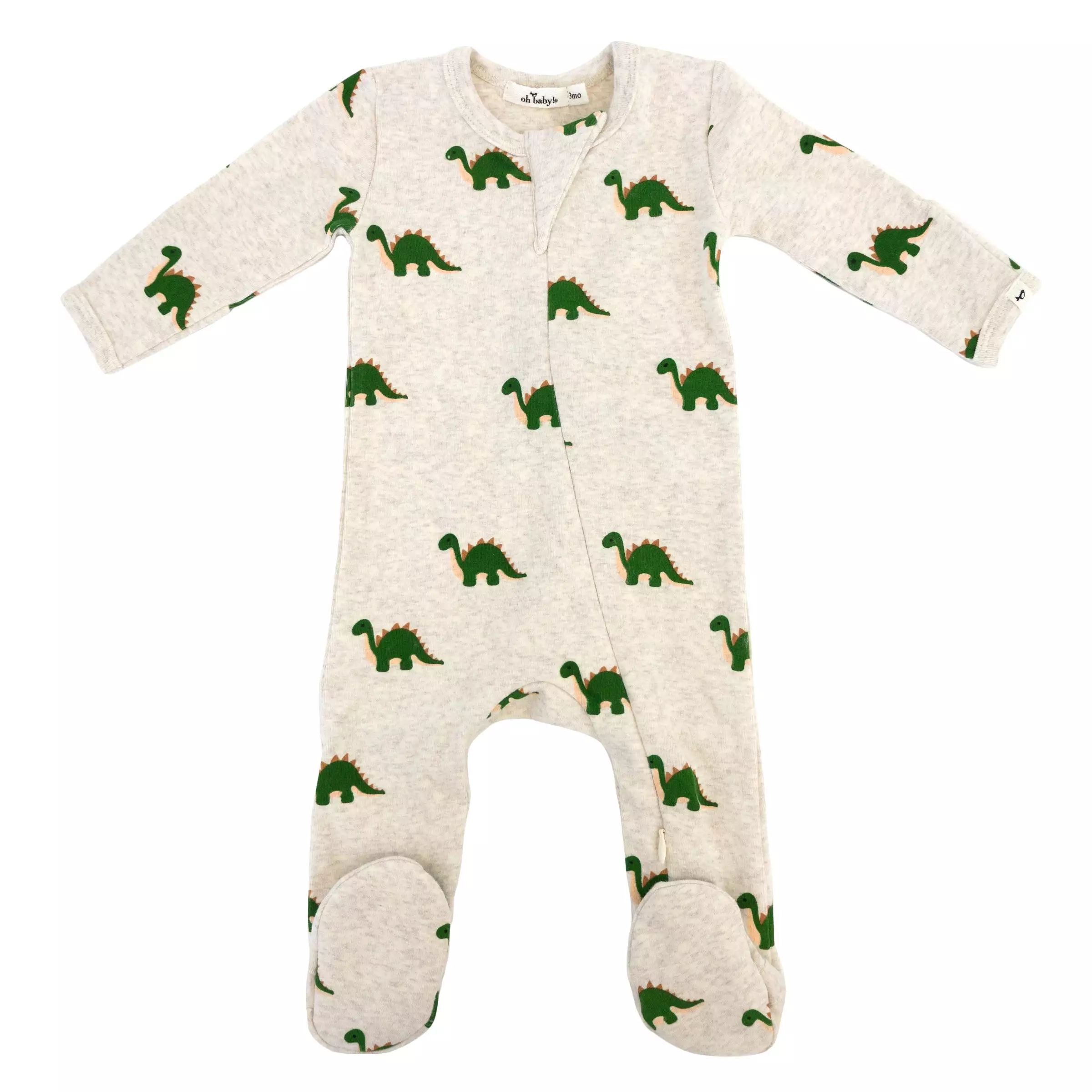 oh baby! Cotton Baby Rib Zipper Footie - Dinosaur Print - Malt