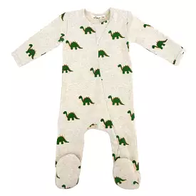 oh baby! Cotton Baby Rib Zipper Footie - Dinosaur Print - Malt