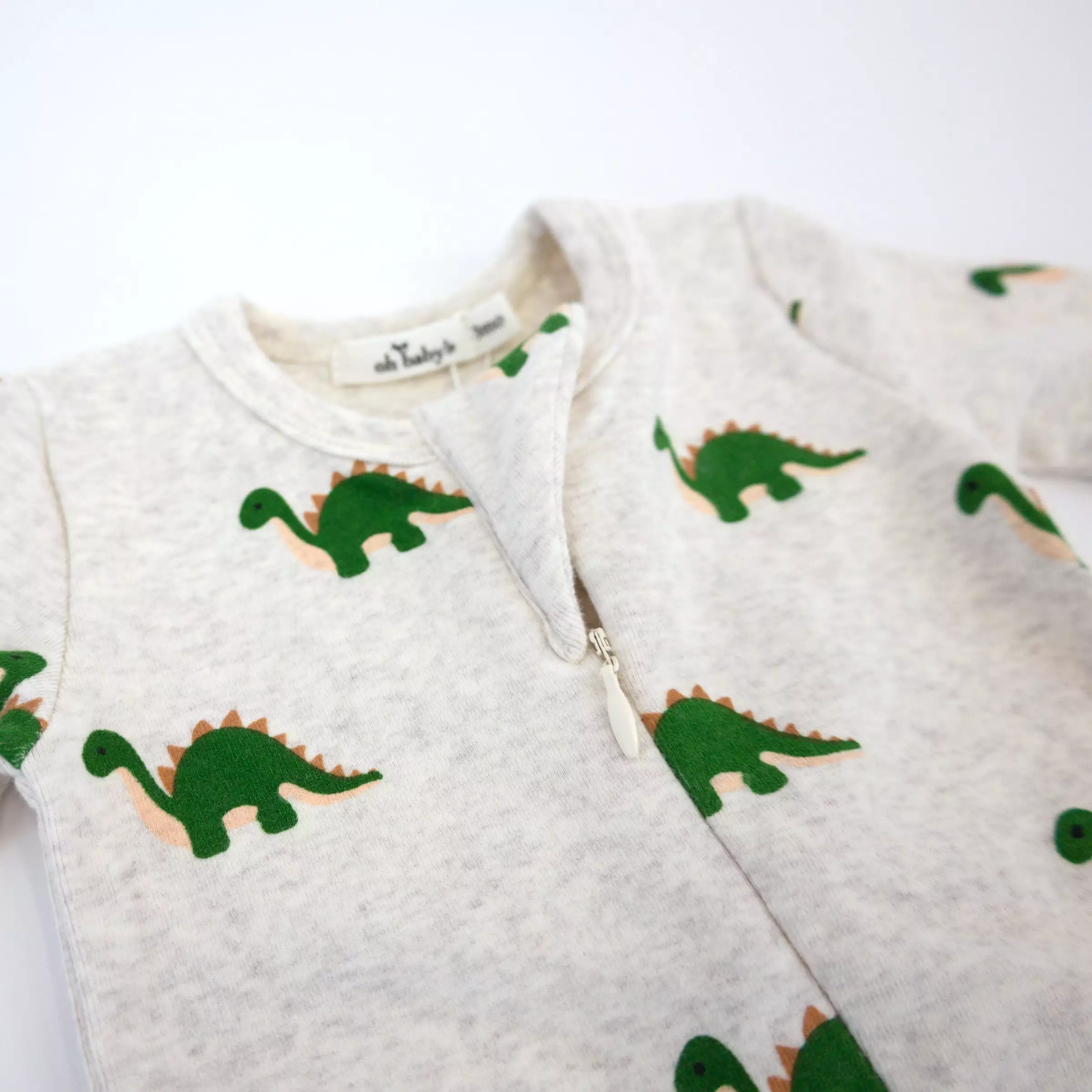 oh baby! Cotton Baby Rib Zipper Footie - Dinosaur Print - Malt