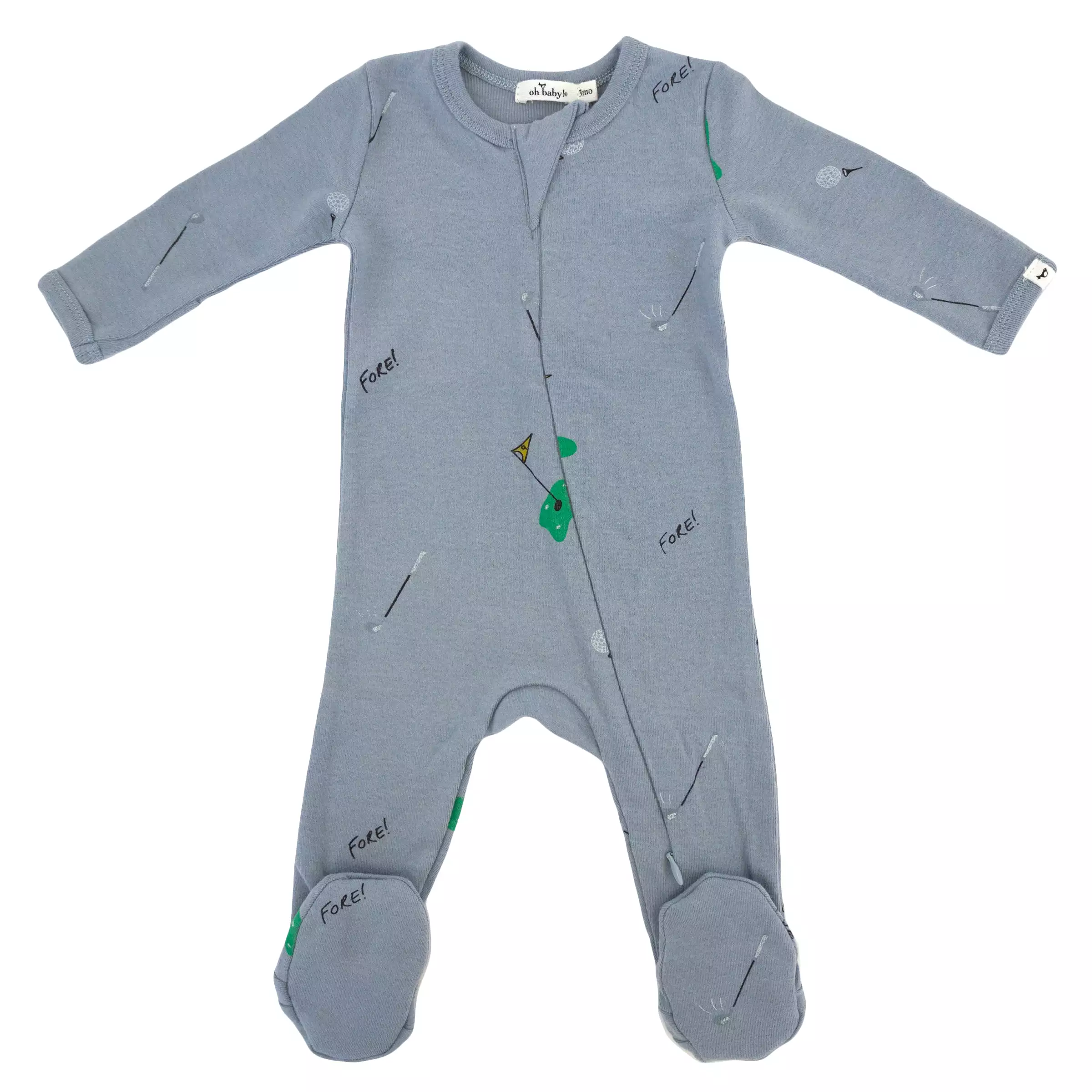 oh baby! Cotton Baby Rib Zipper Footie - Golf Print - Fog