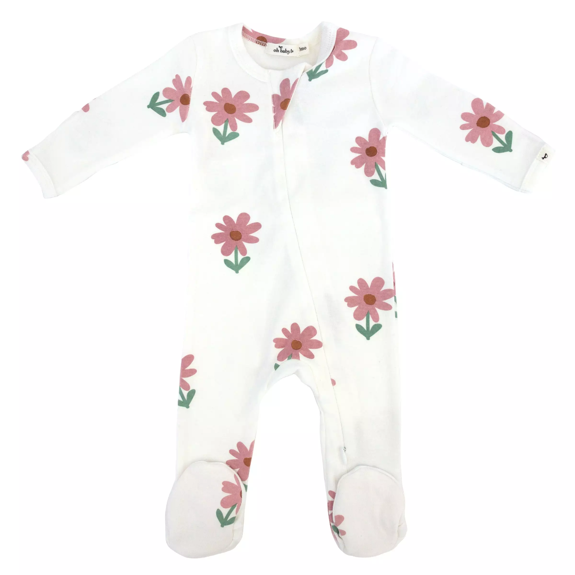 oh baby! Cotton Baby Rib Zipper Footie - Picking Daisies Print - Cream