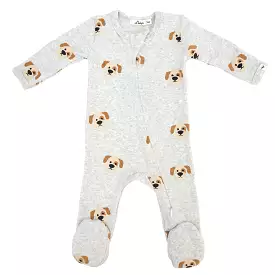 oh baby! Cotton Baby Rib Zipper Footie - Puppy Face Print - Heather Gray