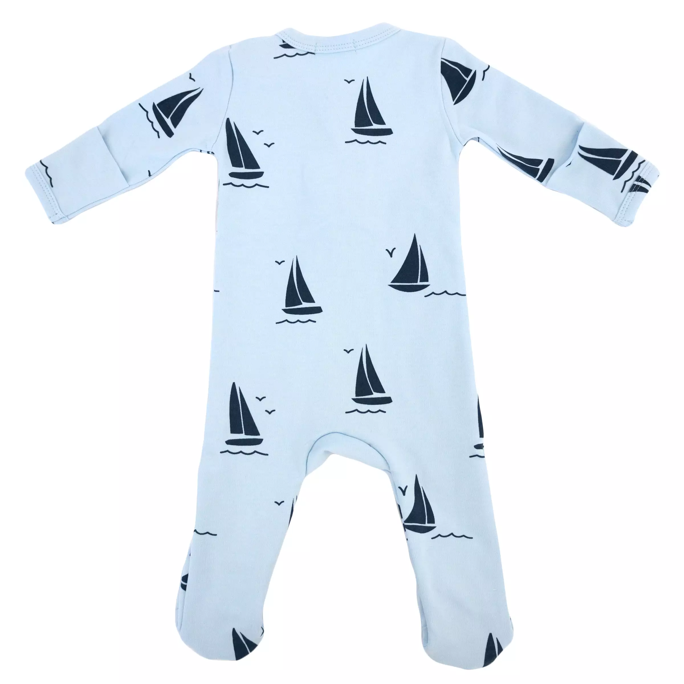 oh baby! Cotton Baby Rib Zipper Footie - Sailboat Print - Sky Blue