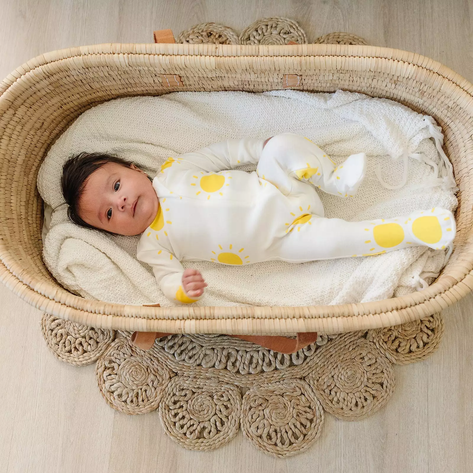 oh baby! Cotton Baby Rib Zipper Footie - Sunshine Print - Cream